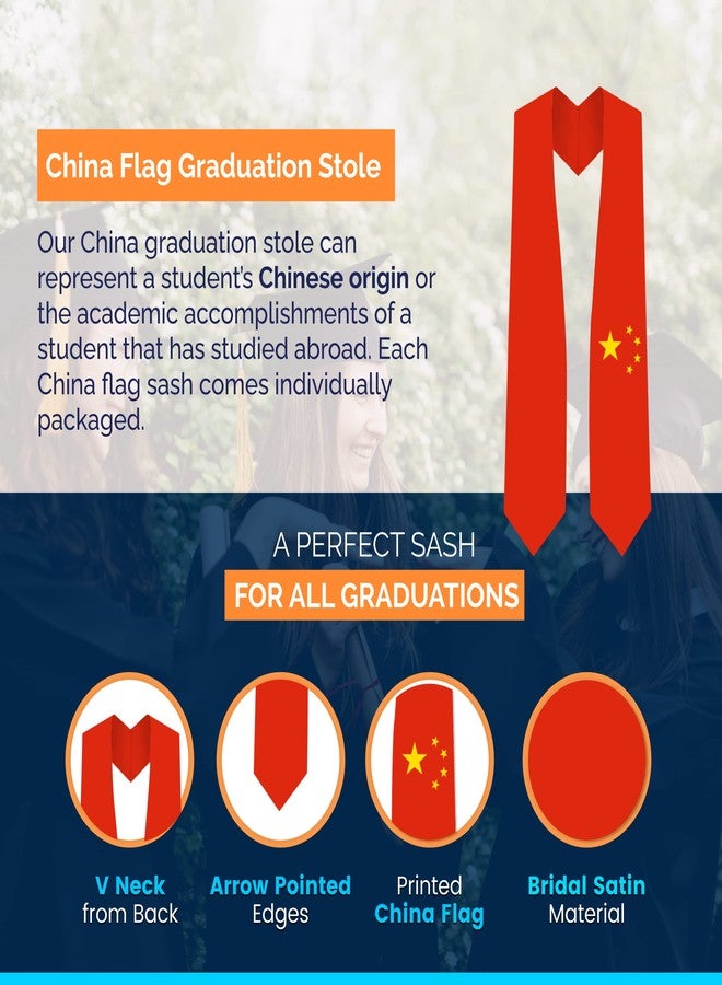 CLERKMANS China Flag Graduation Stole - Fits All Body Types - Chinese Study Abroad International Stole - Premium Quality Chinese Graduation Sash - Image 2
